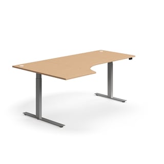 Hörnskrivbord, höj- och sänkbart, 2000x1200 mm, silver/bok