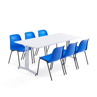 Møbelgruppe,1 bord, 6 stoler, blå/svart