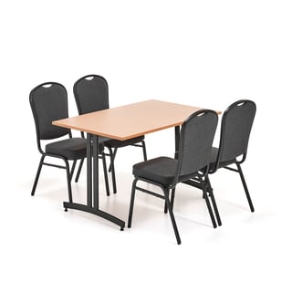 Møbelgruppe, 1 bord L1200 B800 mm, bøk, 4 stoler, svart/svart stoff