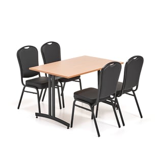 Møbelgruppe, 1 bord L1200 B800 mm, bøk, 4 stoler, svart/svart kunstskinn