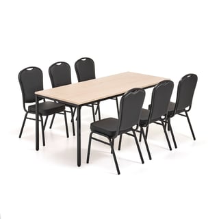 Møbelgruppe, 1 bord L1800 B800 mm, bjørk, 6 stoler, svart/svart kunstskinn
