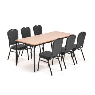 Möbelgrupp, 1 bord 1800x800 mm, bok, 6 stolar, svart/svart tyg
