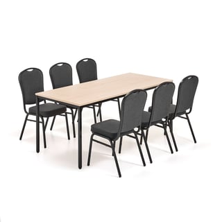 Møbelgruppe, 1 bord L1800 B800 mm, bjørk, 6 stoler, svart/svart stoff